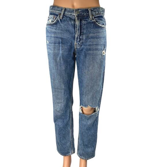 GRLFRND Womens Blue Distressed Medium Wash Mid Rise Straight Denim Jeans Size 25 - Picture 1 of 5